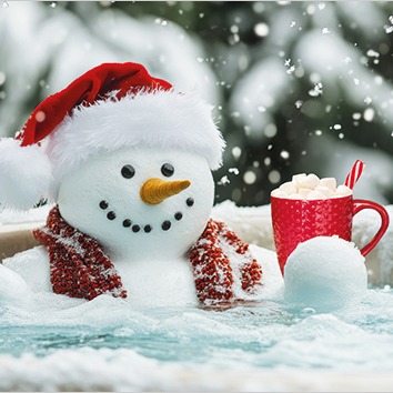 Joyful snowman in santa hat enjoys hot tub with cocktail amidst