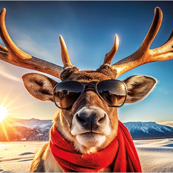 Reindeer in Sunglasses and Scarf with Mountain Sunset, winter, r