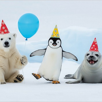 Three animals, a polar bear, a penguin, and a seal, are wearing