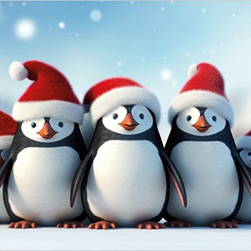 Cute Cartoon Illustration of Penguins wearing Santa Hats on a Sn